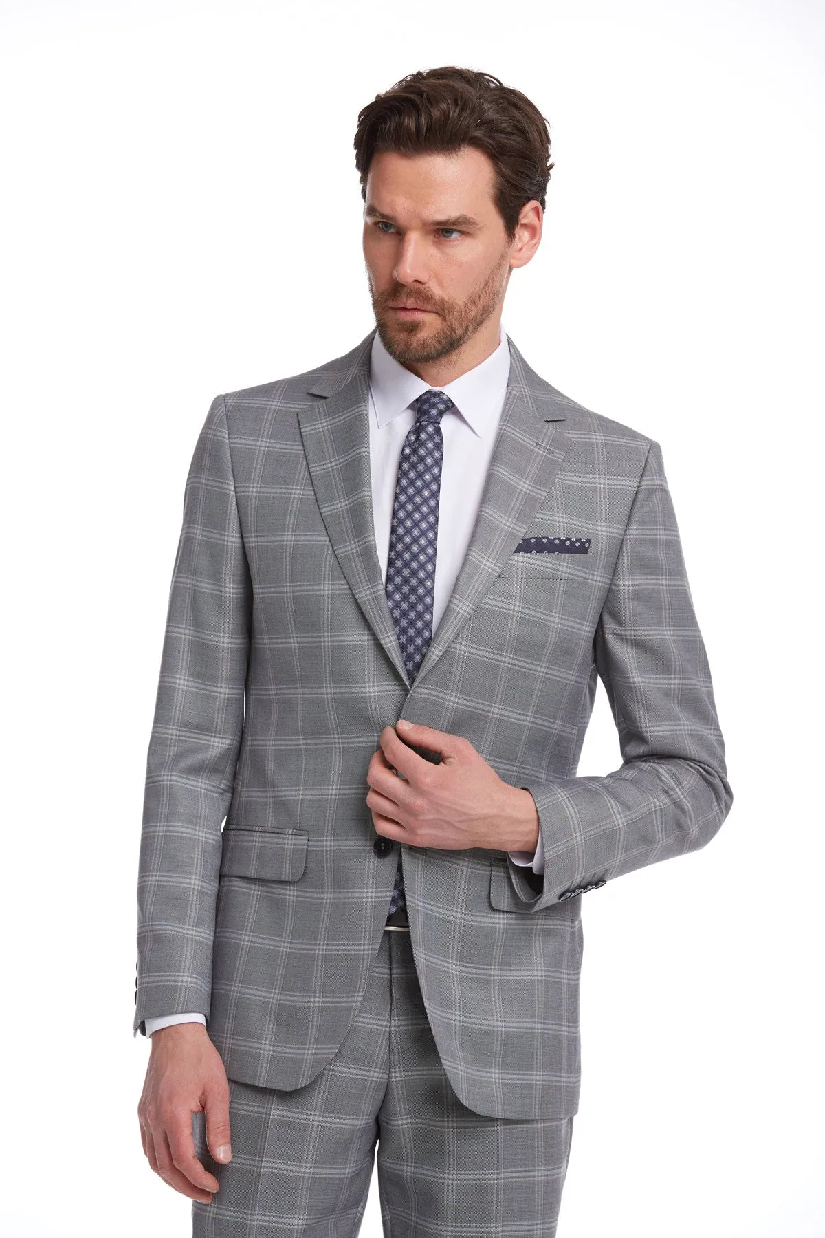 Slim Fit Notch Lapel Plaid Wool Blend Dark Gray Classic Suit