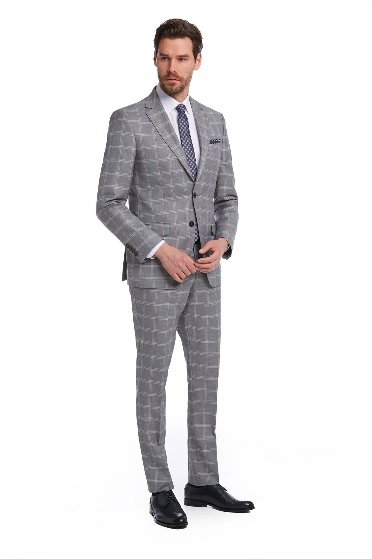 Slim Fit Notch Lapel Plaid Wool Blend Dark Gray Classic Suit