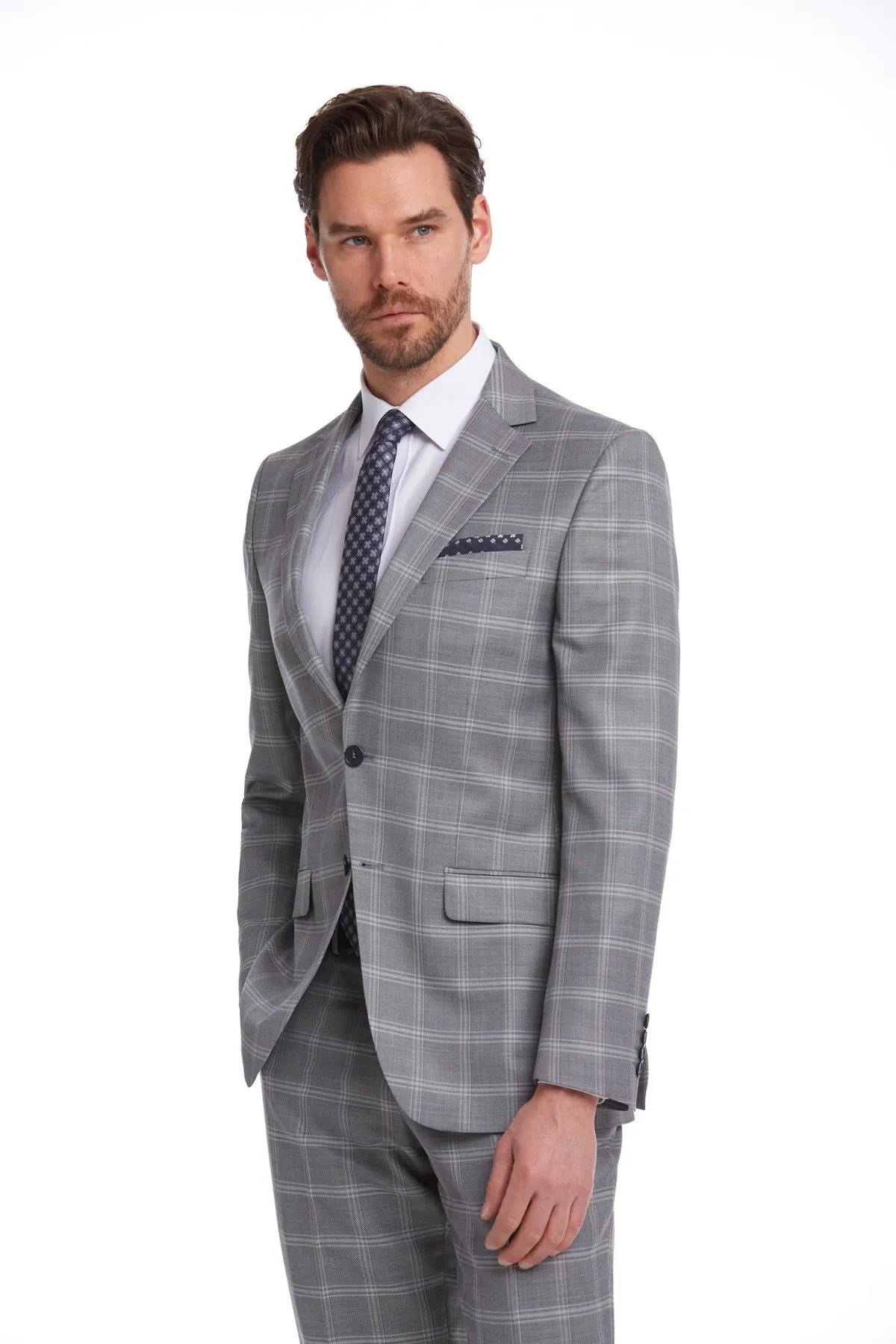 Slim Fit Notch Lapel Plaid Wool Blend Dark Gray Classic Suit