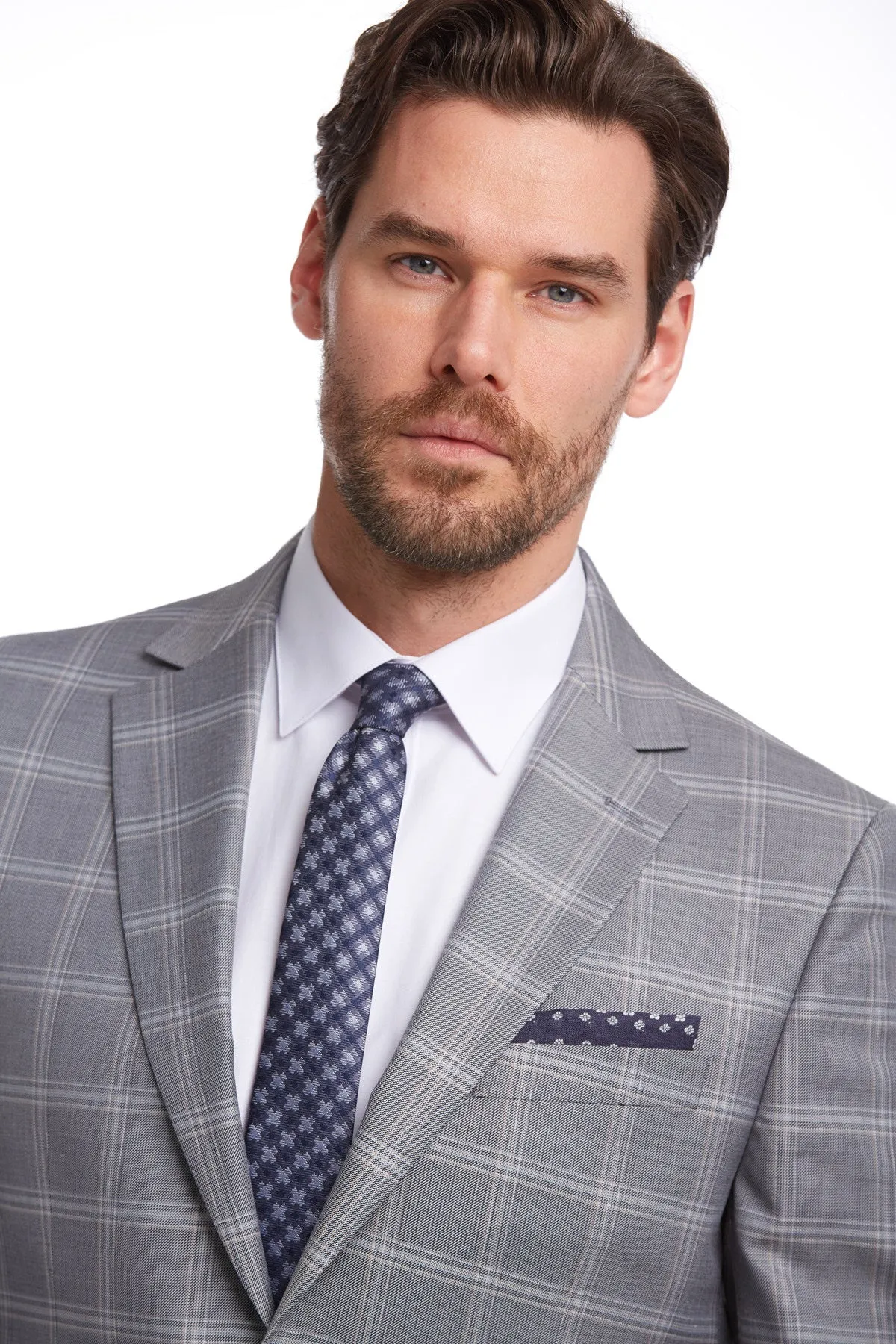 Slim Fit Notch Lapel Plaid Wool Blend Dark Gray Classic Suit