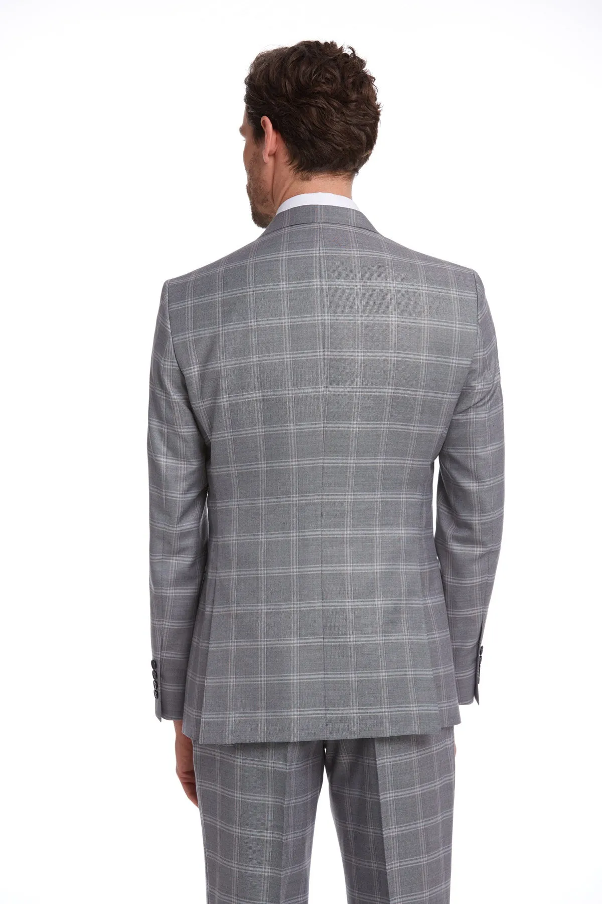 Slim Fit Notch Lapel Plaid Wool Blend Dark Gray Classic Suit