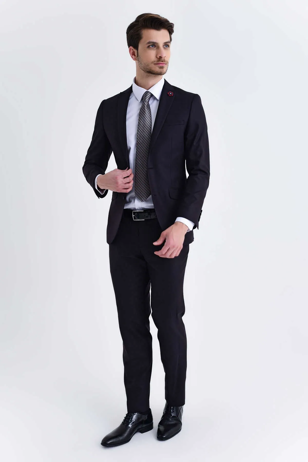 Slim Fit Peak Lapel Patterned Casual Suit, Navy D.