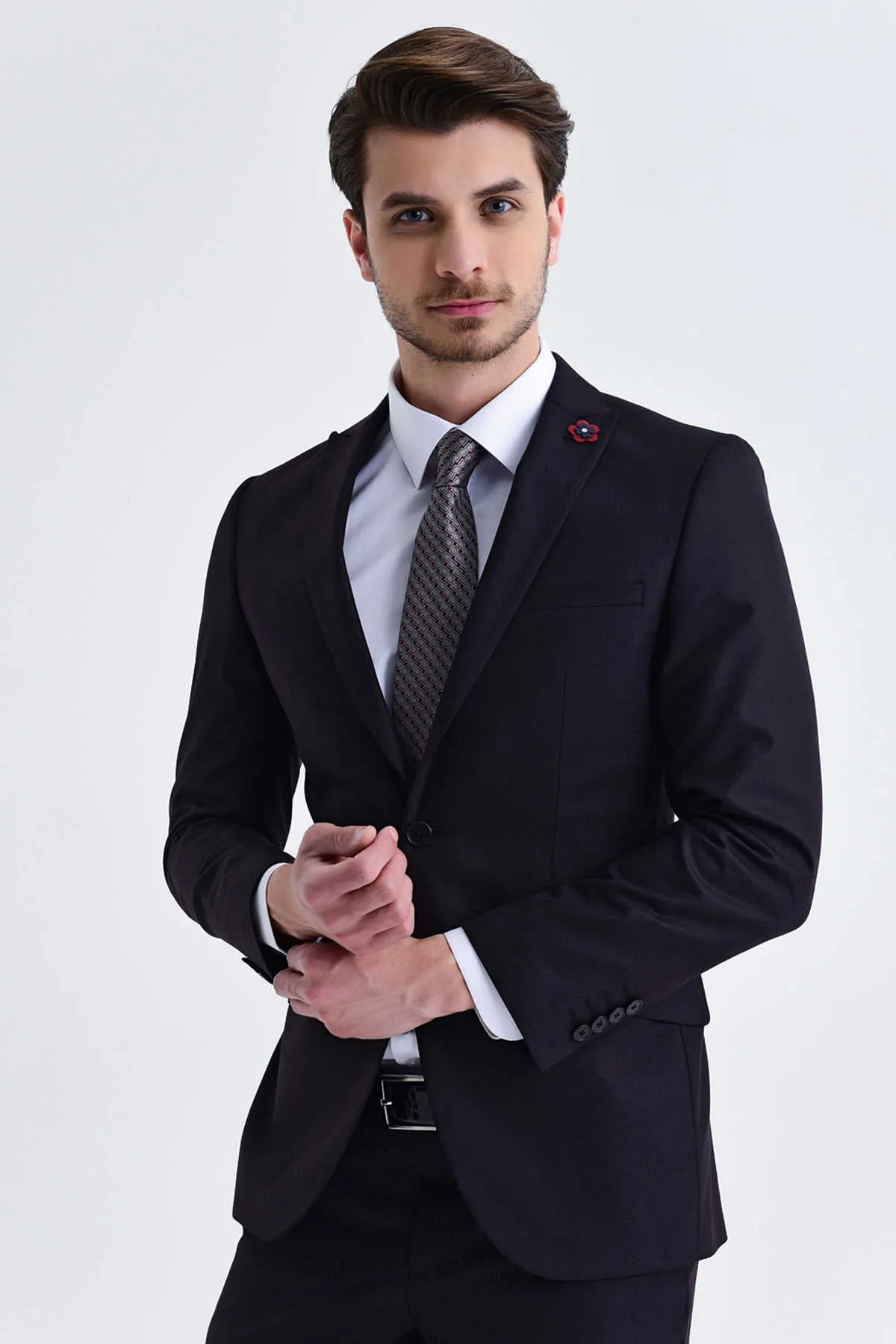 Slim Fit Peak Lapel Patterned Casual Suit, Navy D.