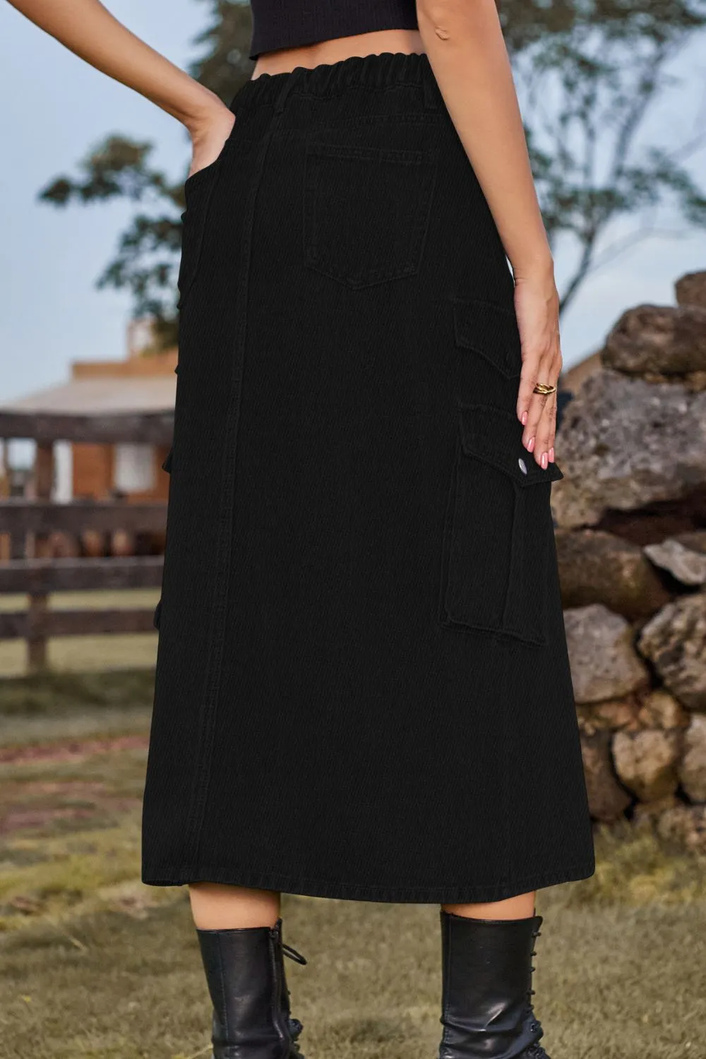 Slit Front Midi Denim Skirt with Pockets Cargo Skirts New Women's Fashion Maxi