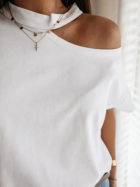 Solid Color Slant Shoulder T-shirt