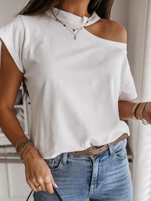 Solid Color Slant Shoulder T-shirt