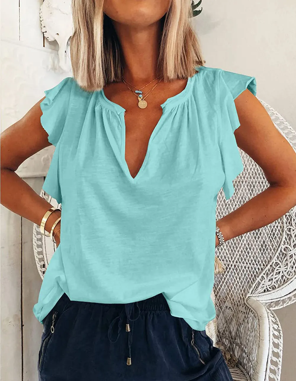 Solid-color V Neck Short Sleeve Loose Pullover Top T-Shirt