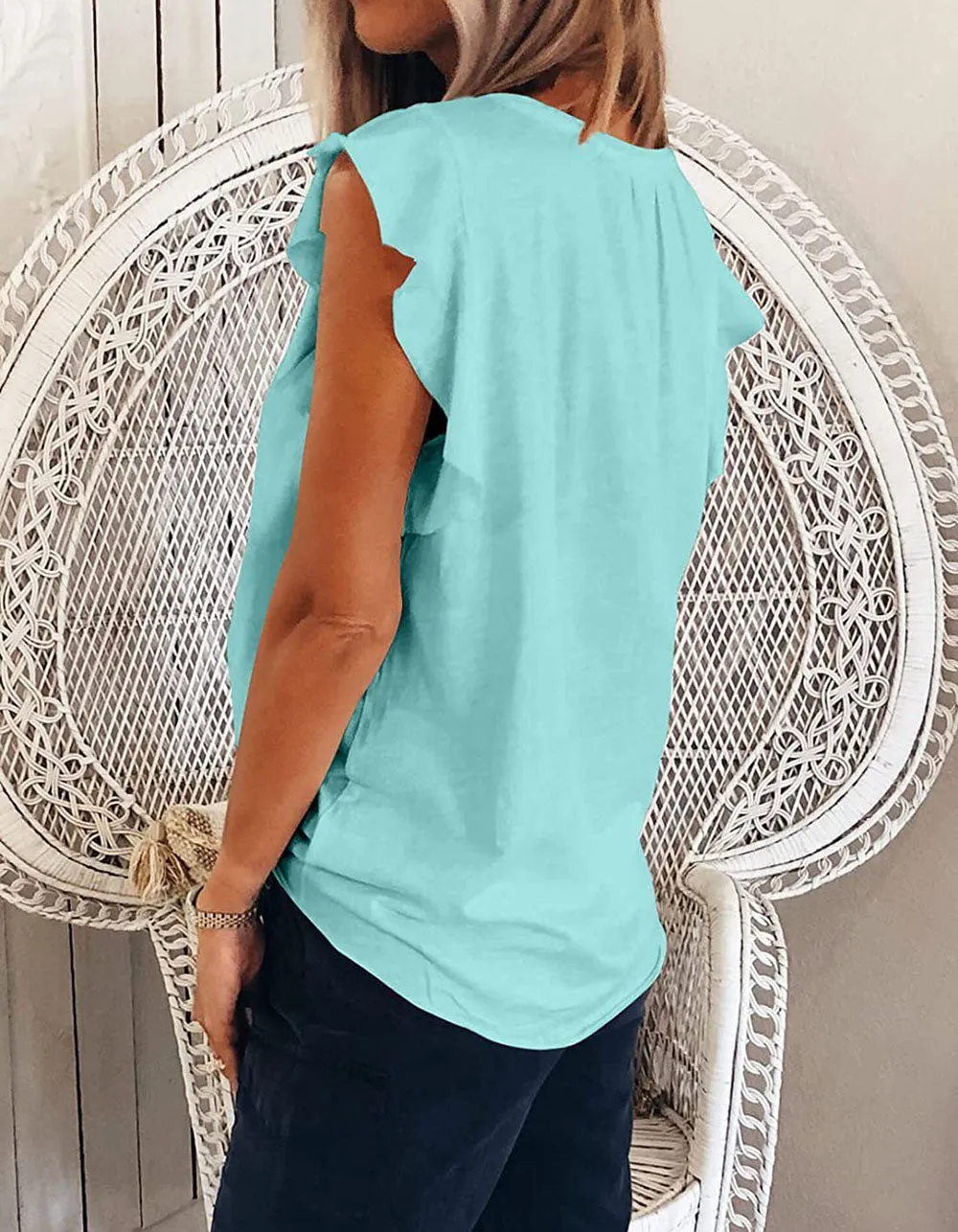 Solid-color V Neck Short Sleeve Loose Pullover Top T-Shirt