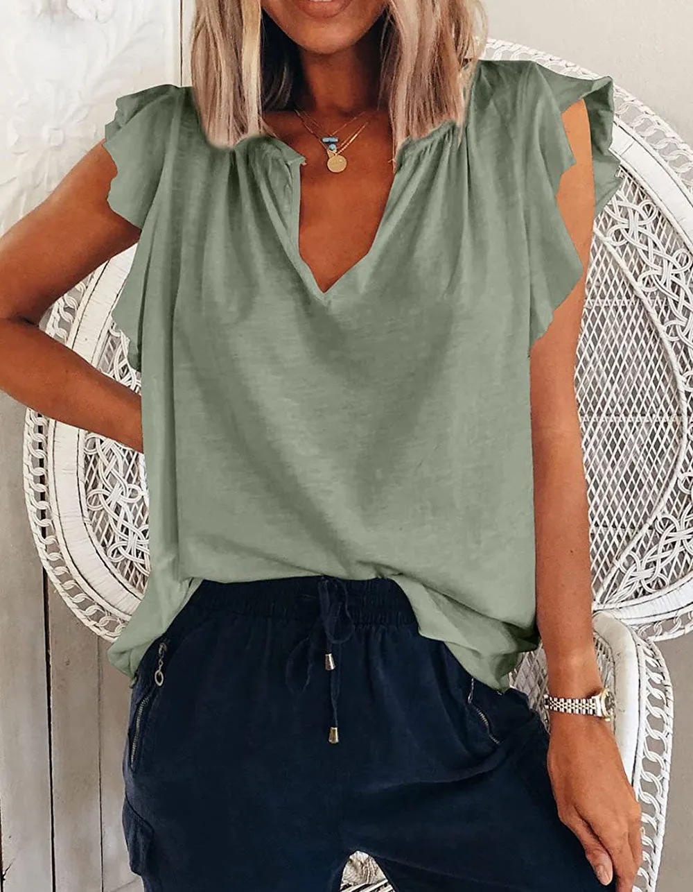 Solid-color V Neck Short Sleeve Loose Pullover Top T-Shirt