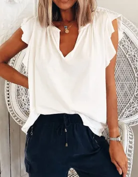 Solid-color V Neck Short Sleeve Loose Pullover Top T-Shirt