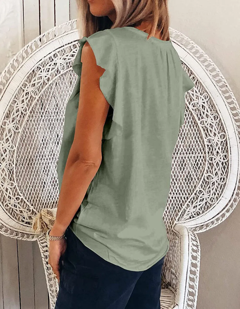 Solid-color V Neck Short Sleeve Loose Pullover Top T-Shirt