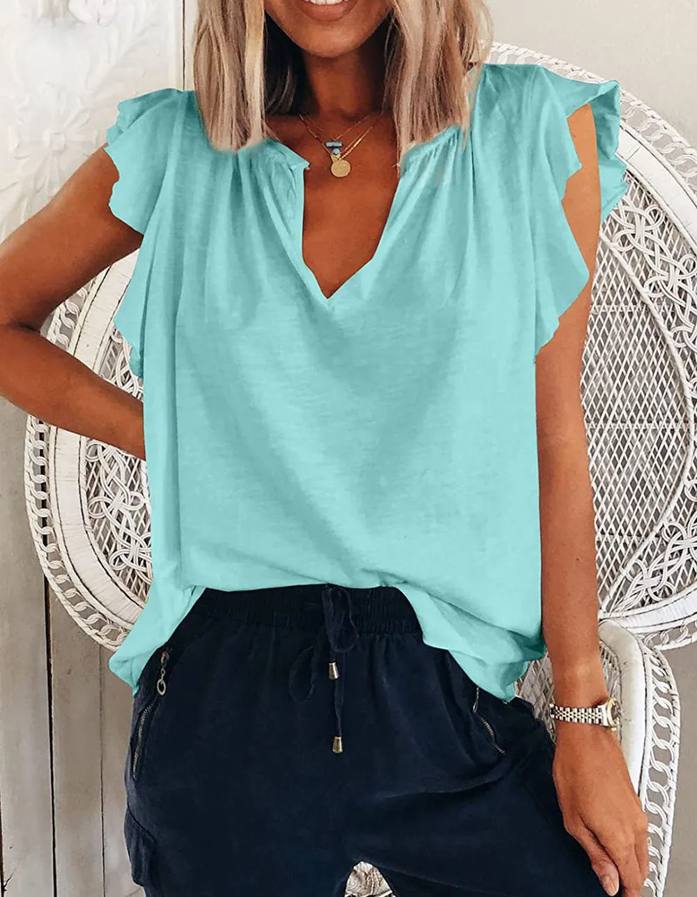 Solid-color V Neck Short Sleeve Loose Pullover Top T-Shirt