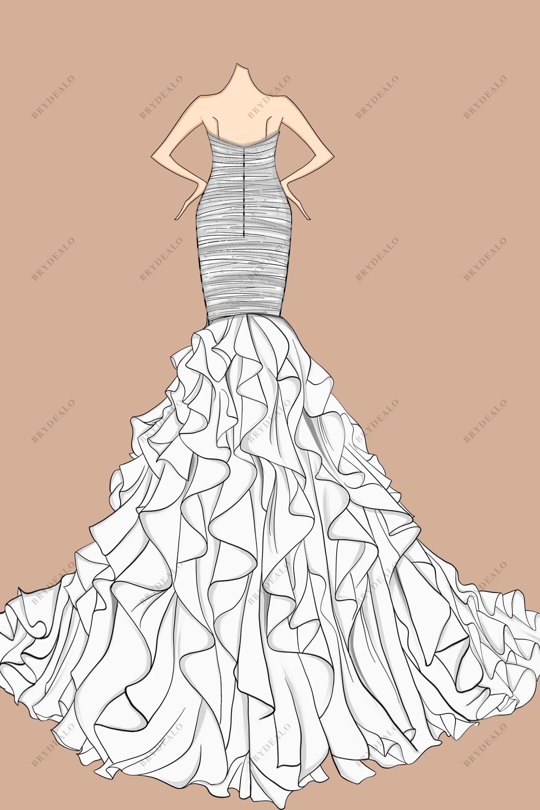 Strapless Ruched Sweetheart Ruffled Trumpet Wedding Dress Sketch