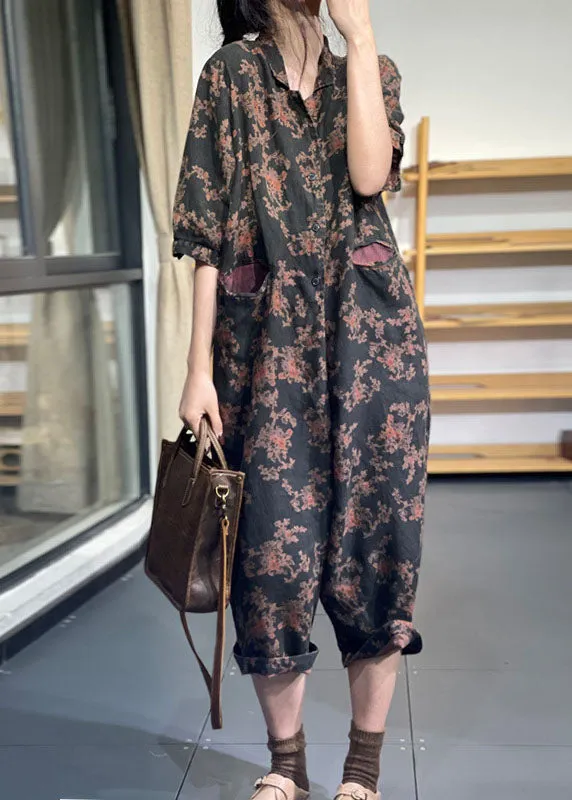 Style Black Oversized Print Linen Overalls Jumpsuit Half Sleeve