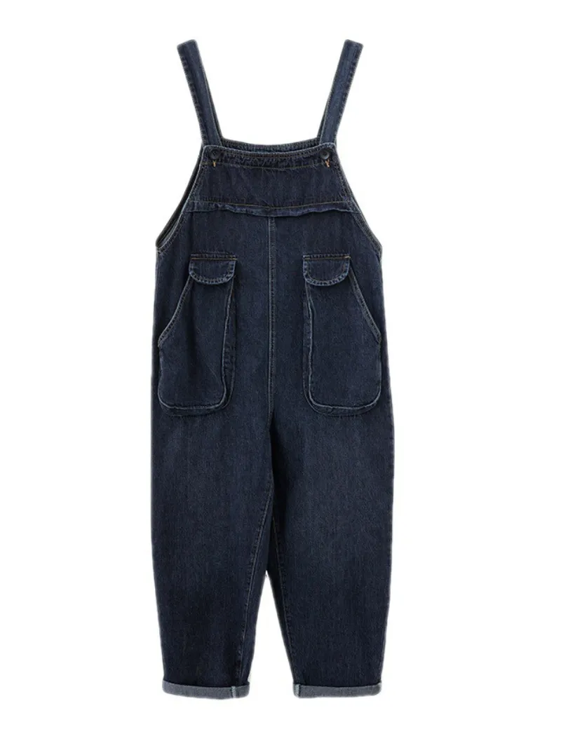 Stylish Literary Retro Large Size Loose Black Denim Overalls