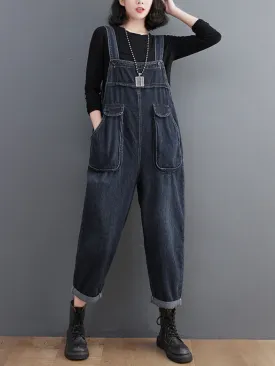 Stylish Literary Retro Large Size Loose Black Denim Overalls