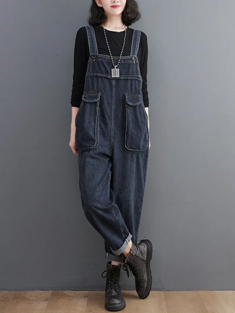 Stylish Literary Retro Large Size Loose Black Denim Overalls