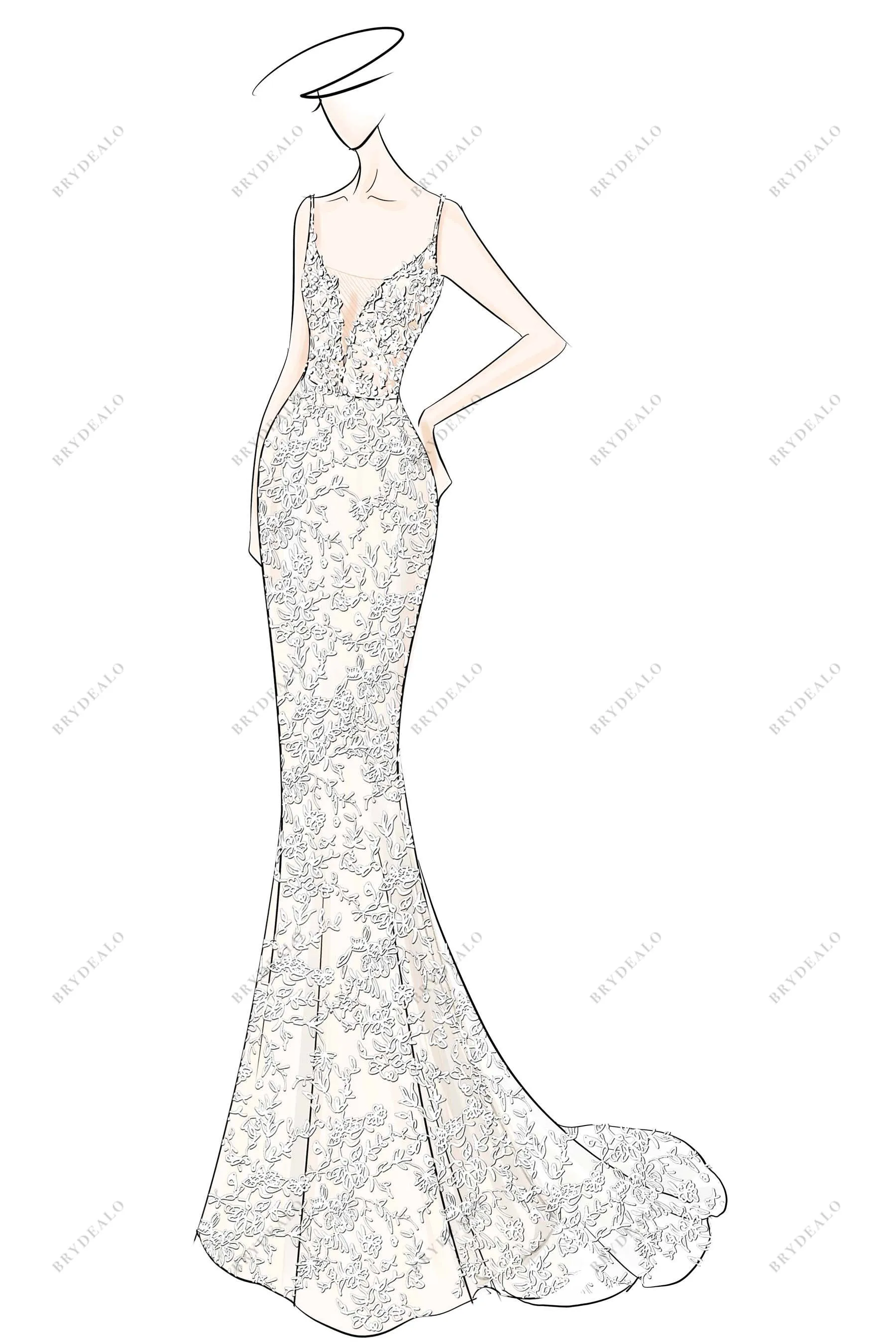 V-neck Lace Mermaid Designer Wedding Dress Sketch