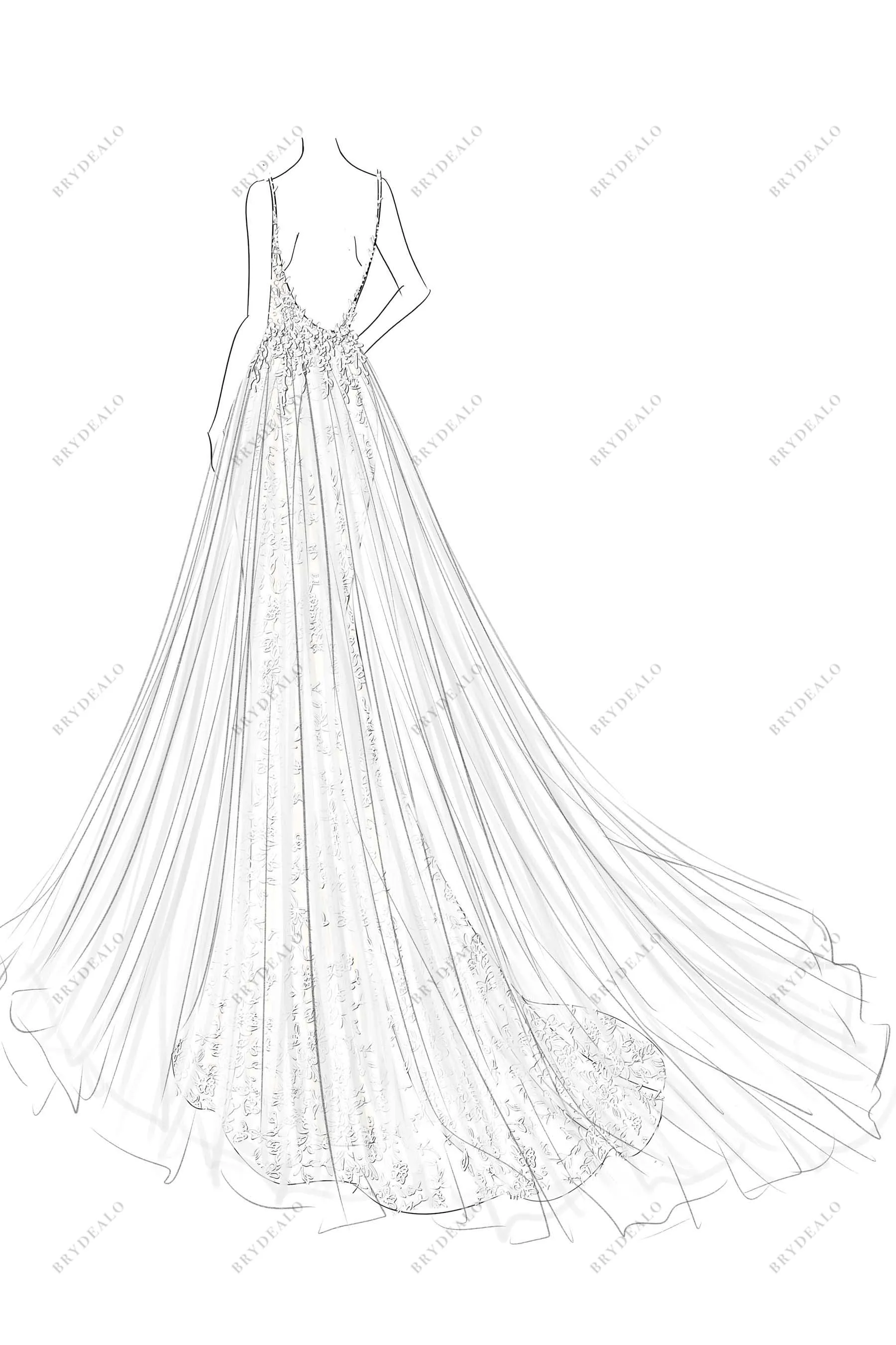 V-neck Lace Mermaid Designer Wedding Dress Sketch