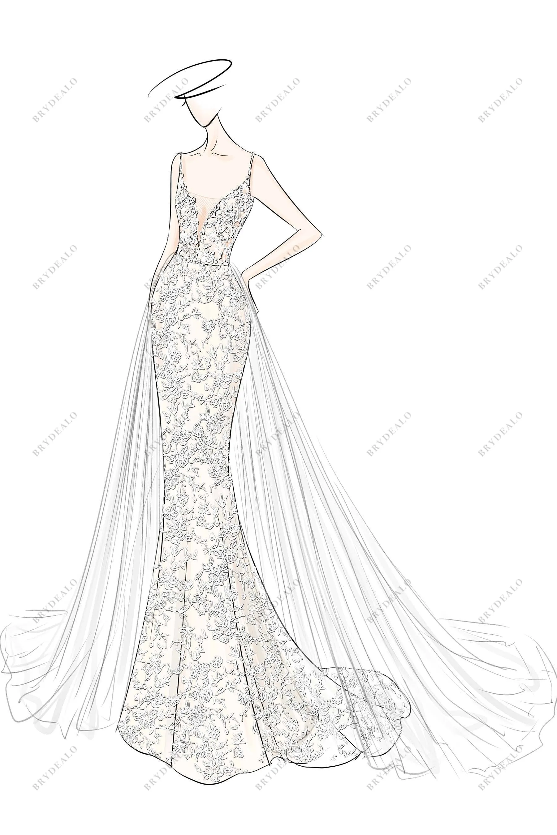 V-neck Lace Mermaid Designer Wedding Dress Sketch