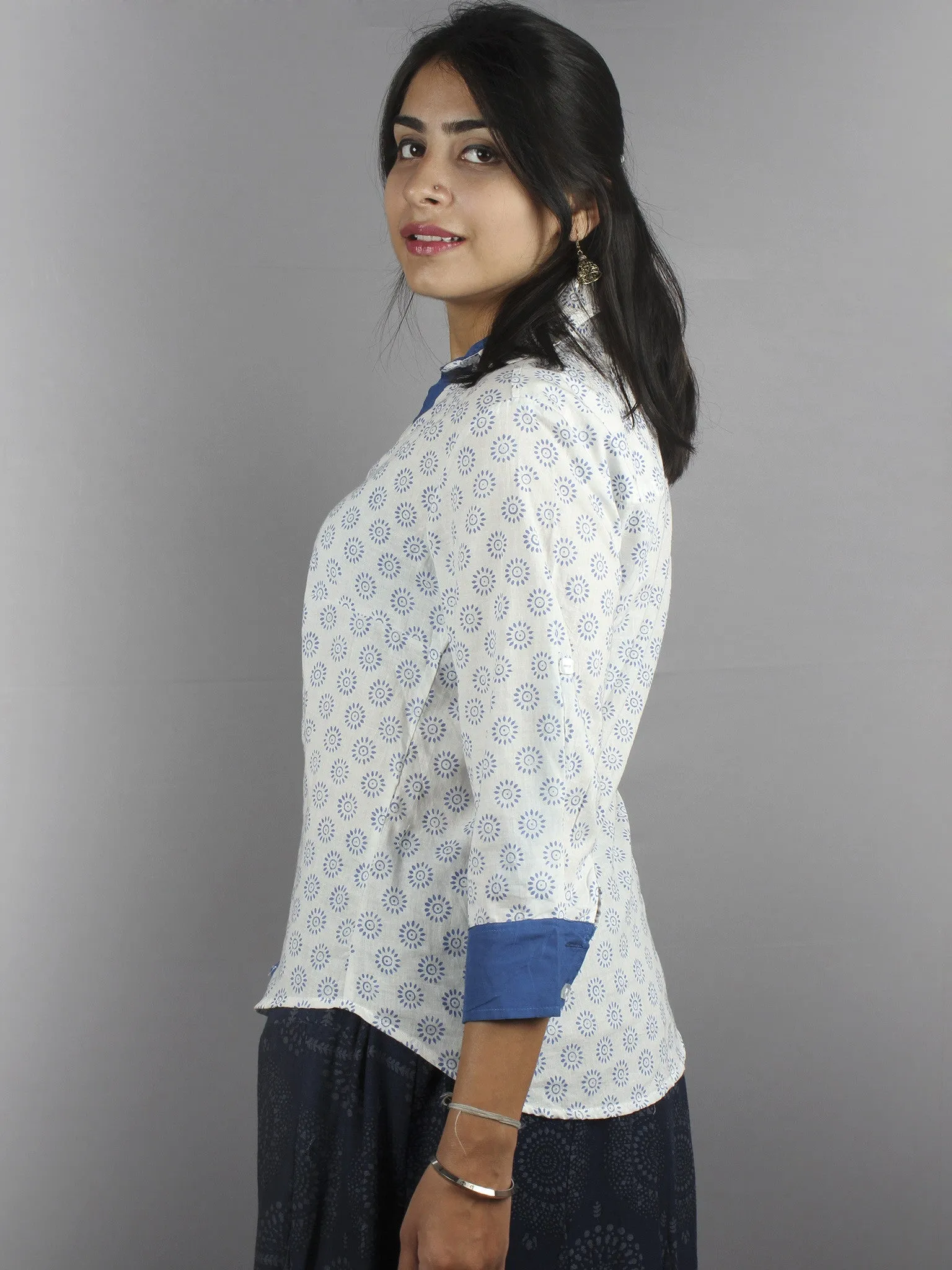 White Blue Hand Block Printed Shirt- S3517026