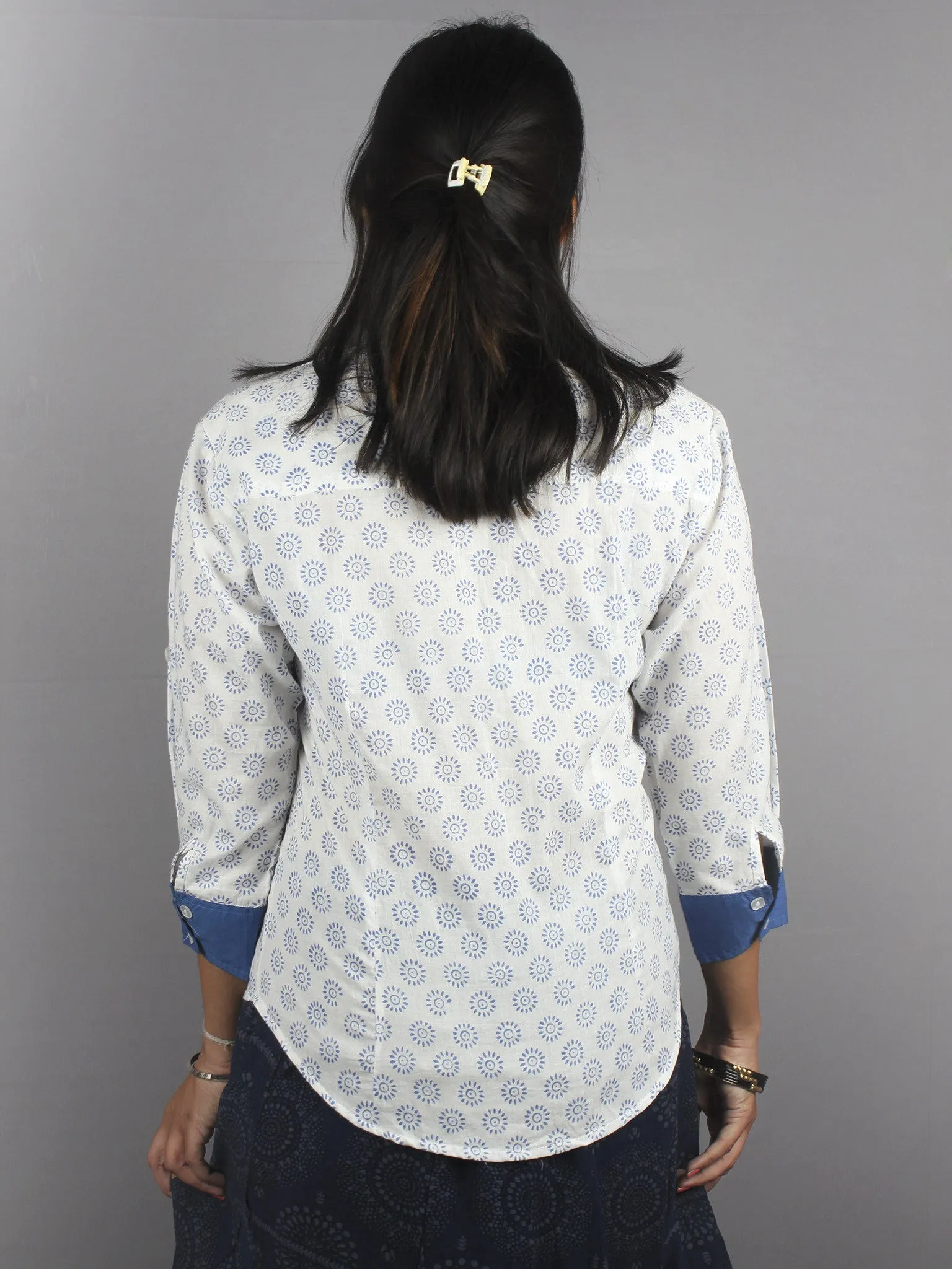 White Blue Hand Block Printed Shirt- S3517026