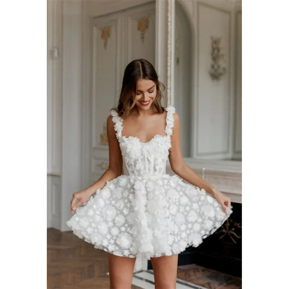 White Mini Prom Wedding Dress Flower Lace Embroidery Evening Dress Short Bridal Gown