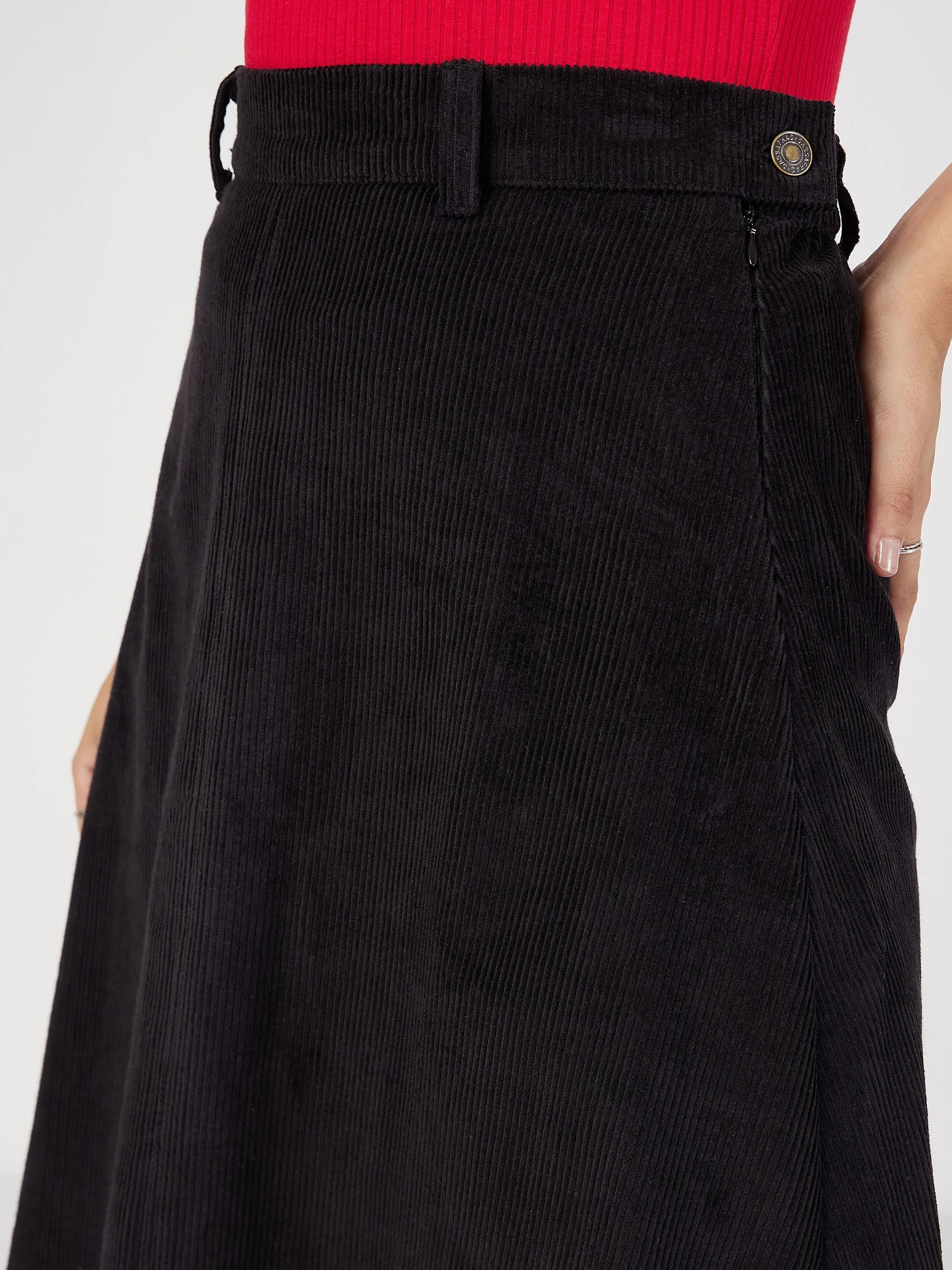 Women Black Corduroy A-Line Midi Skirt