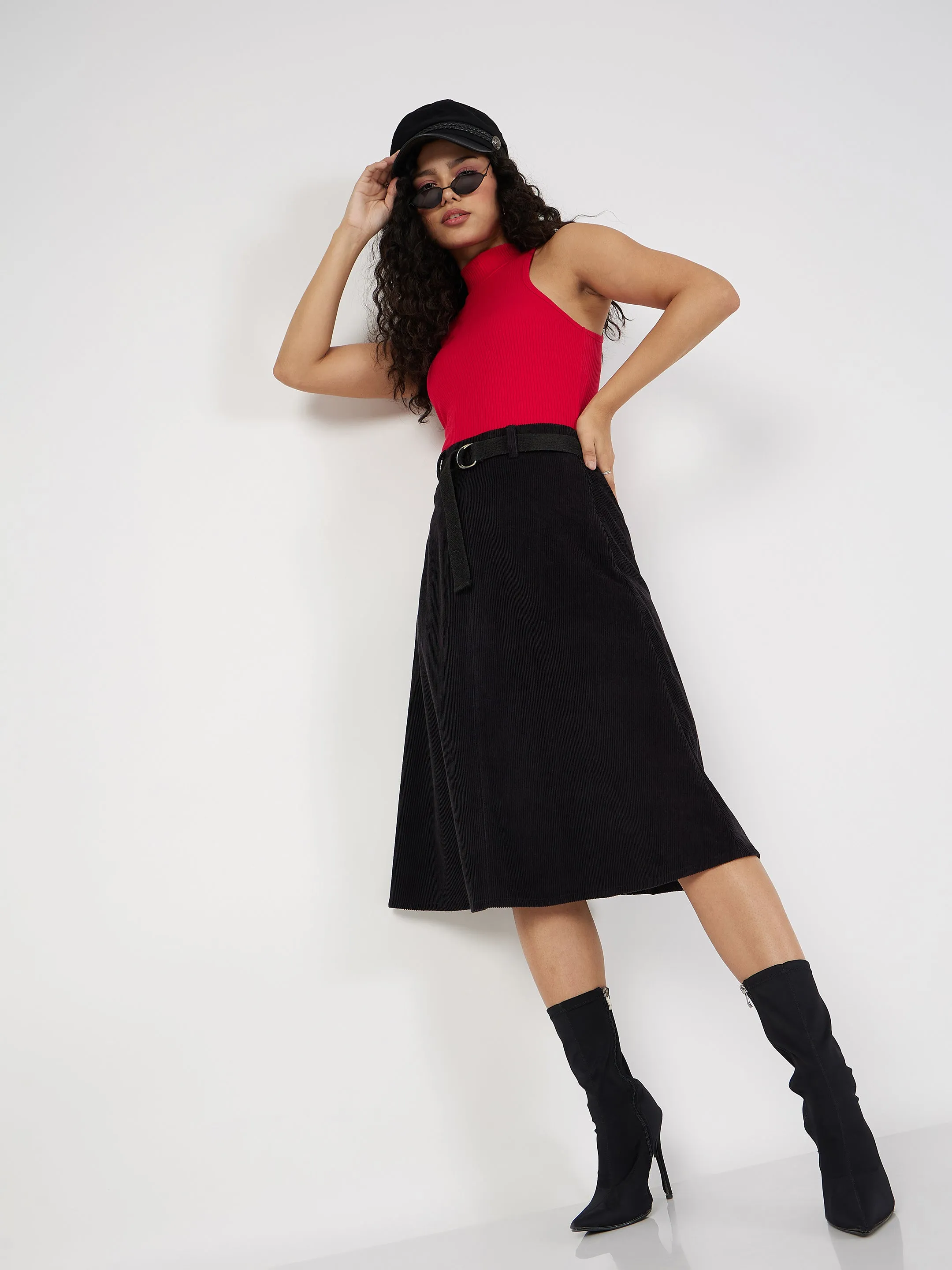 Women Black Corduroy A-Line Midi Skirt