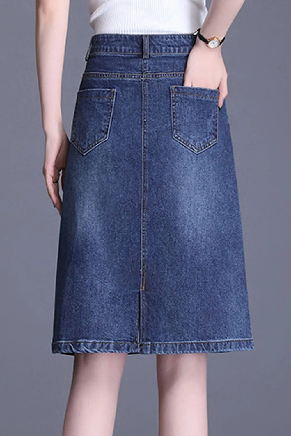 Women Pocket Styled Belt Loops Breathable Knee Length Lightweight Denim Skirt - WSK103163