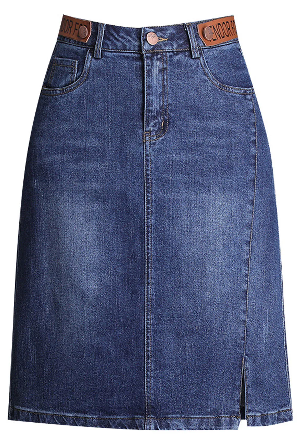 Women Pocket Styled Belt Loops Breathable Knee Length Lightweight Denim Skirt - WSK103163