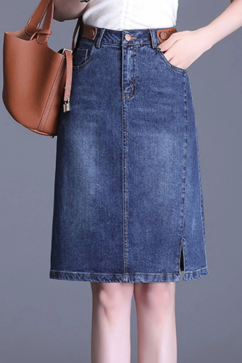 Women Pocket Styled Belt Loops Breathable Knee Length Lightweight Denim Skirt - WSK103163