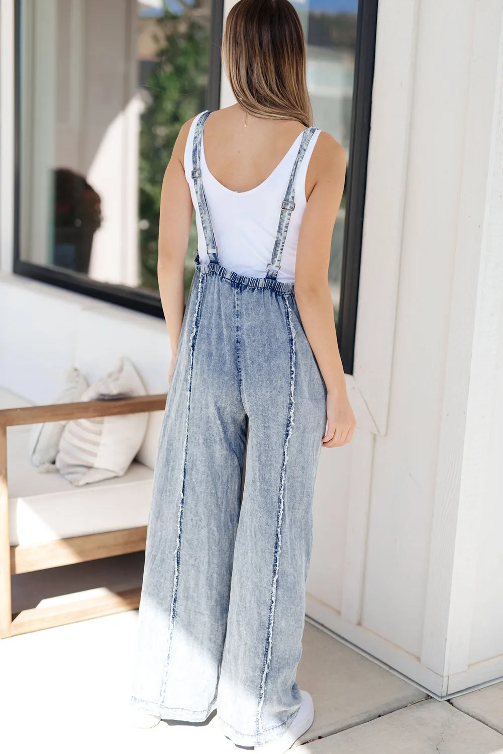 Womens Blue Light Wash Frayed Exposed Seam Wide Leg Denim Overall