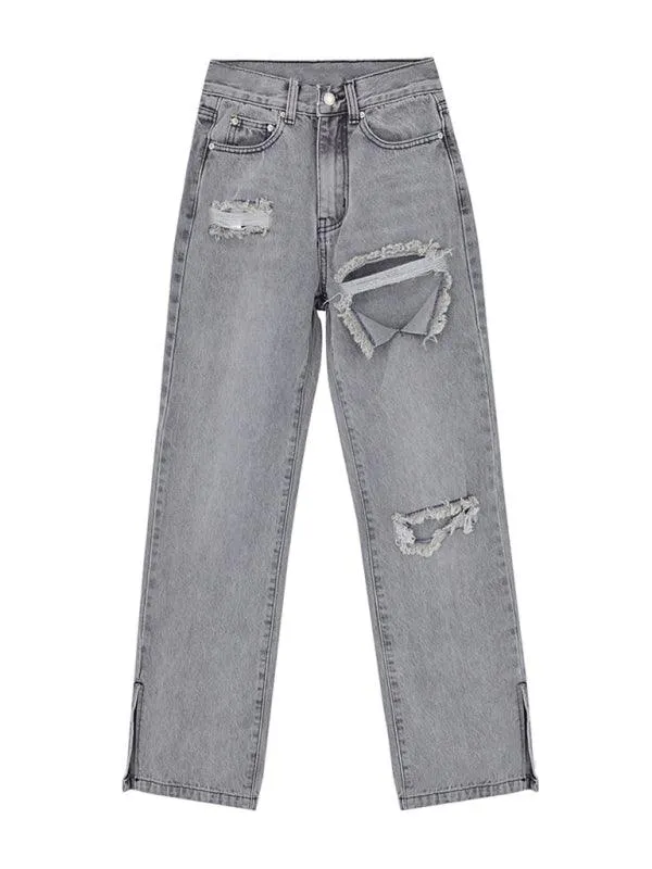 Women's Straight Ripped Jeans With Ankle Slits