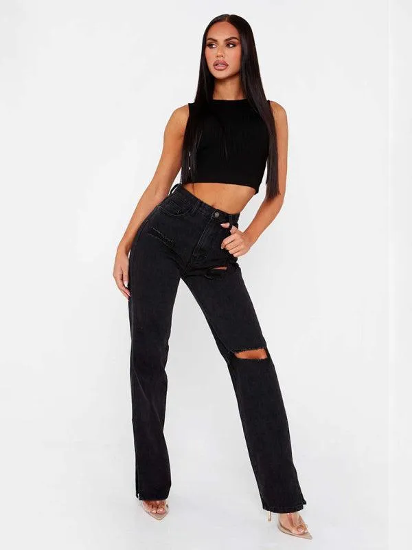 Women's Straight Ripped Jeans With Ankle Slits