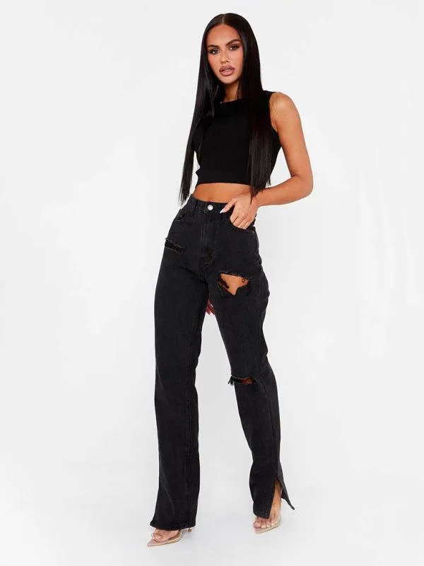 Women's Straight Ripped Jeans With Ankle Slits