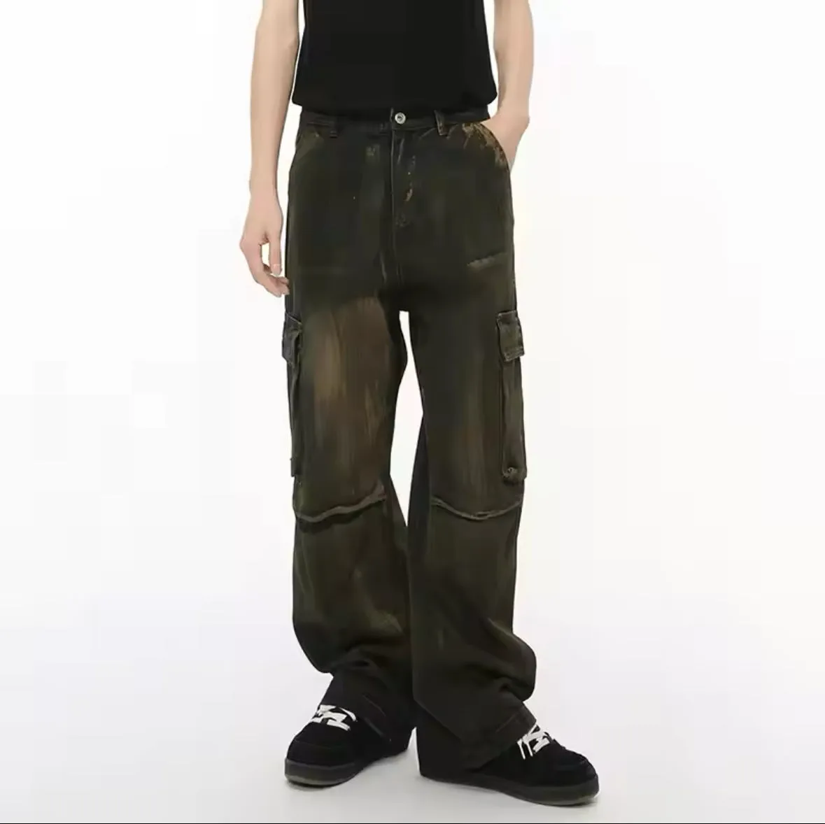 Worn Out Black Wide Leg Cargos