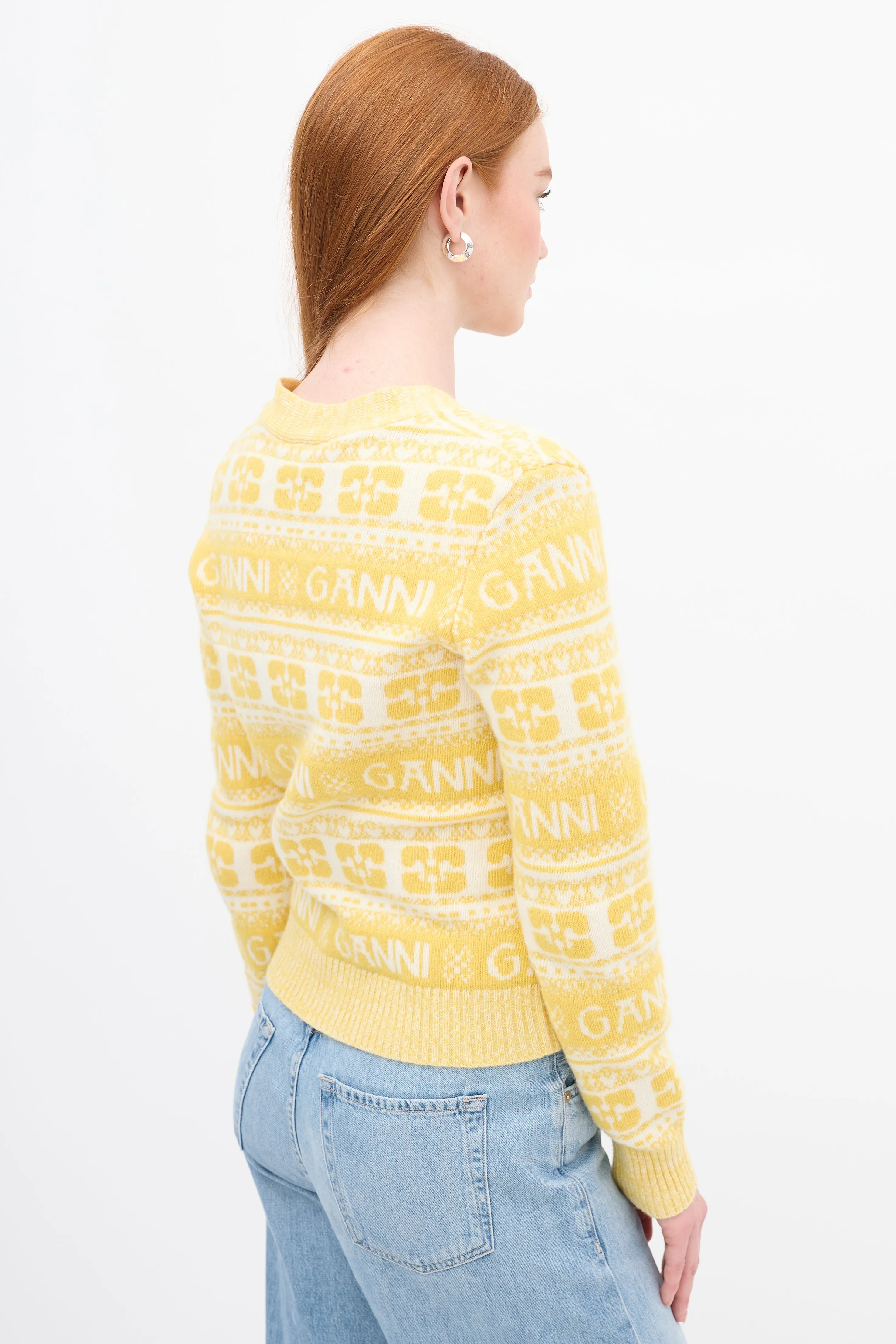 Yellow & White Wool Logo Intarsia Cardigan