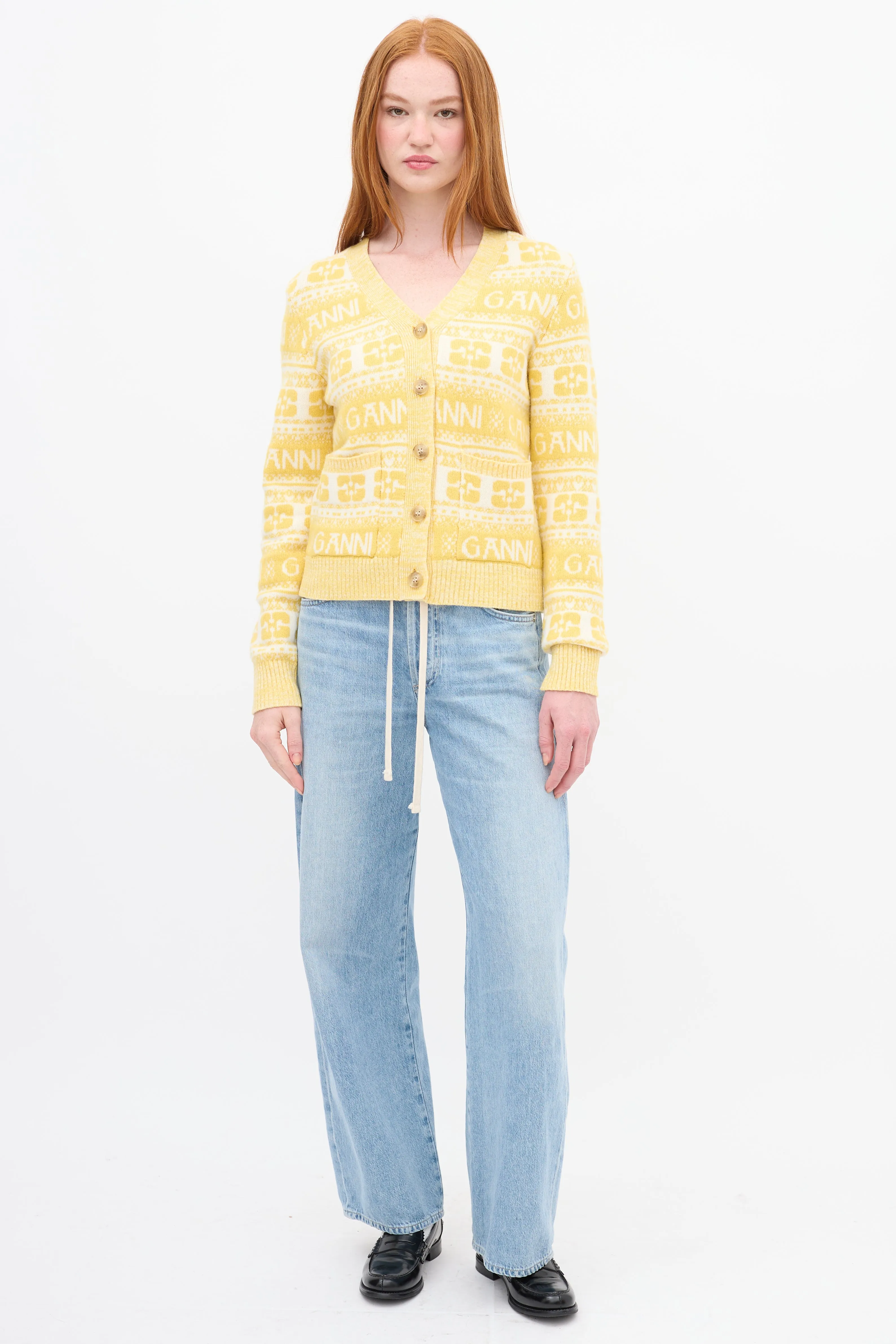 Yellow & White Wool Logo Intarsia Cardigan