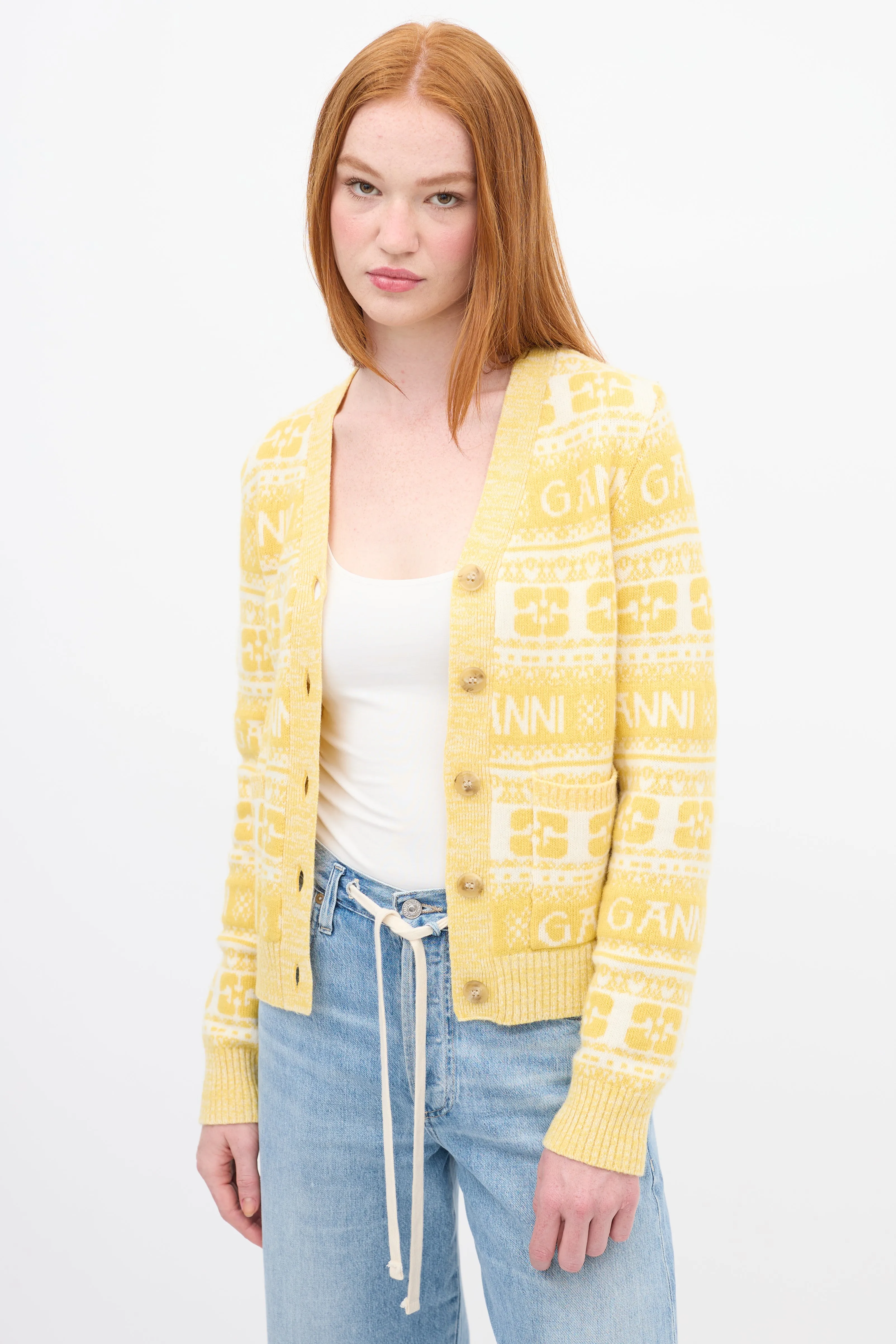 Yellow & White Wool Logo Intarsia Cardigan