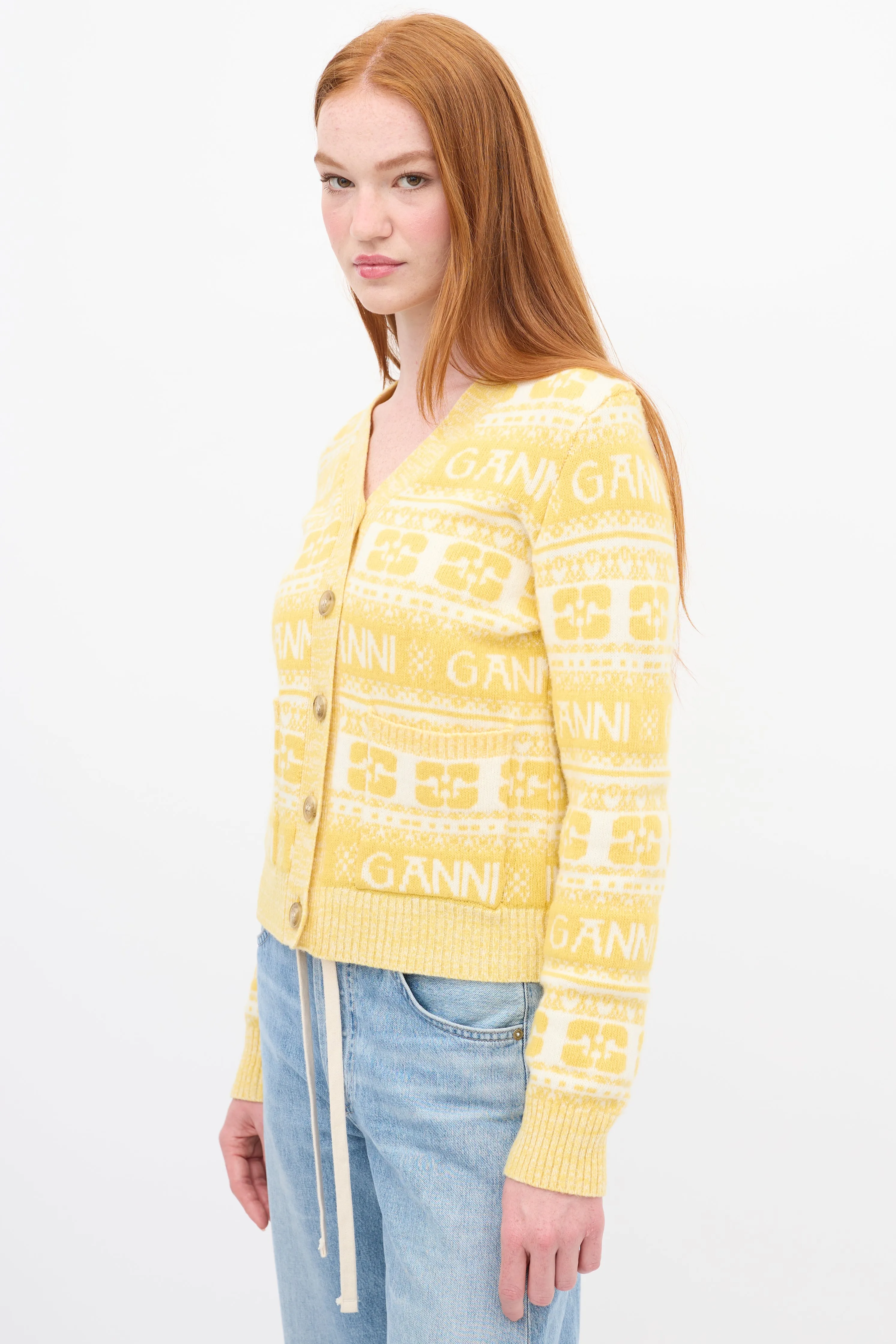 Yellow & White Wool Logo Intarsia Cardigan