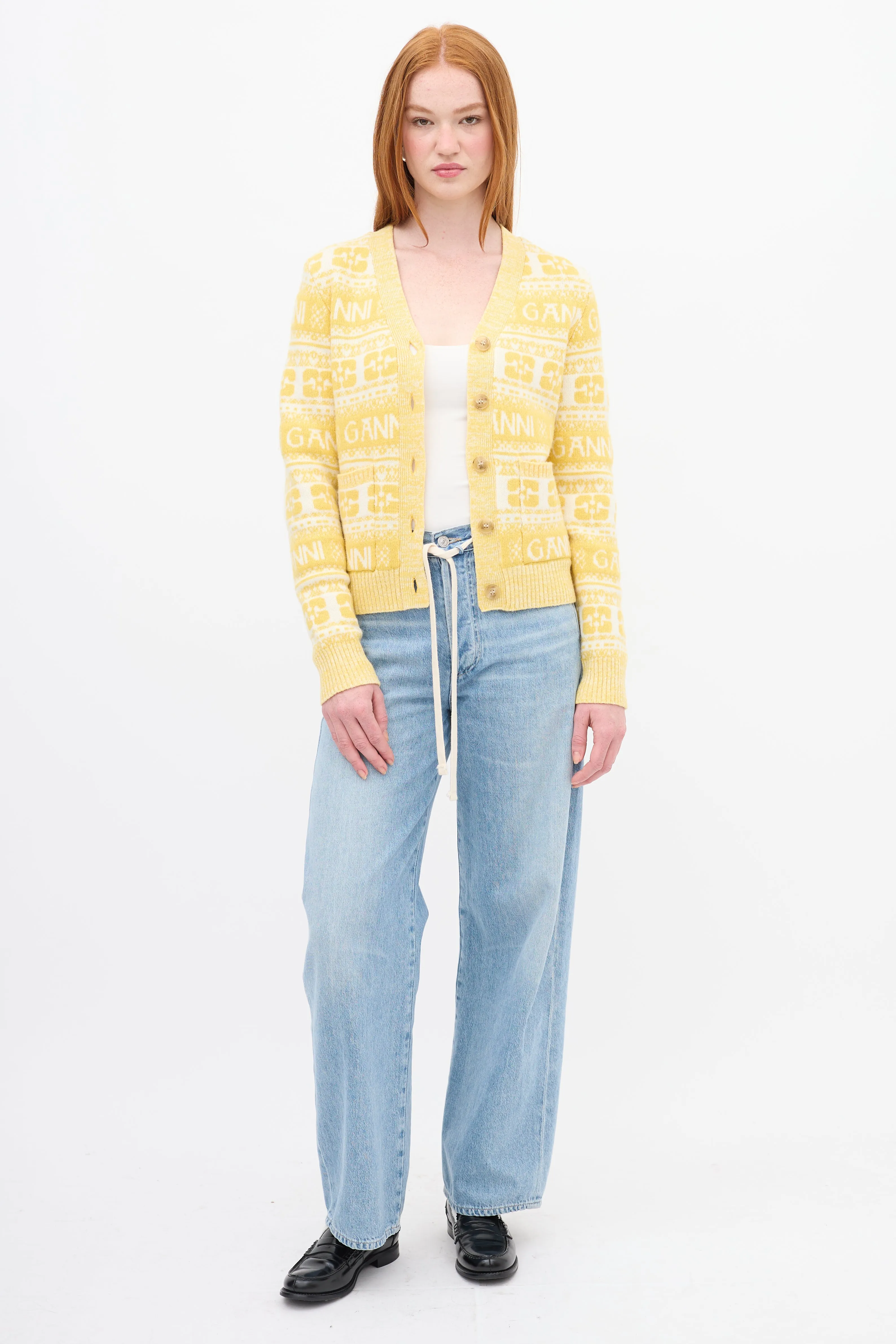 Yellow & White Wool Logo Intarsia Cardigan