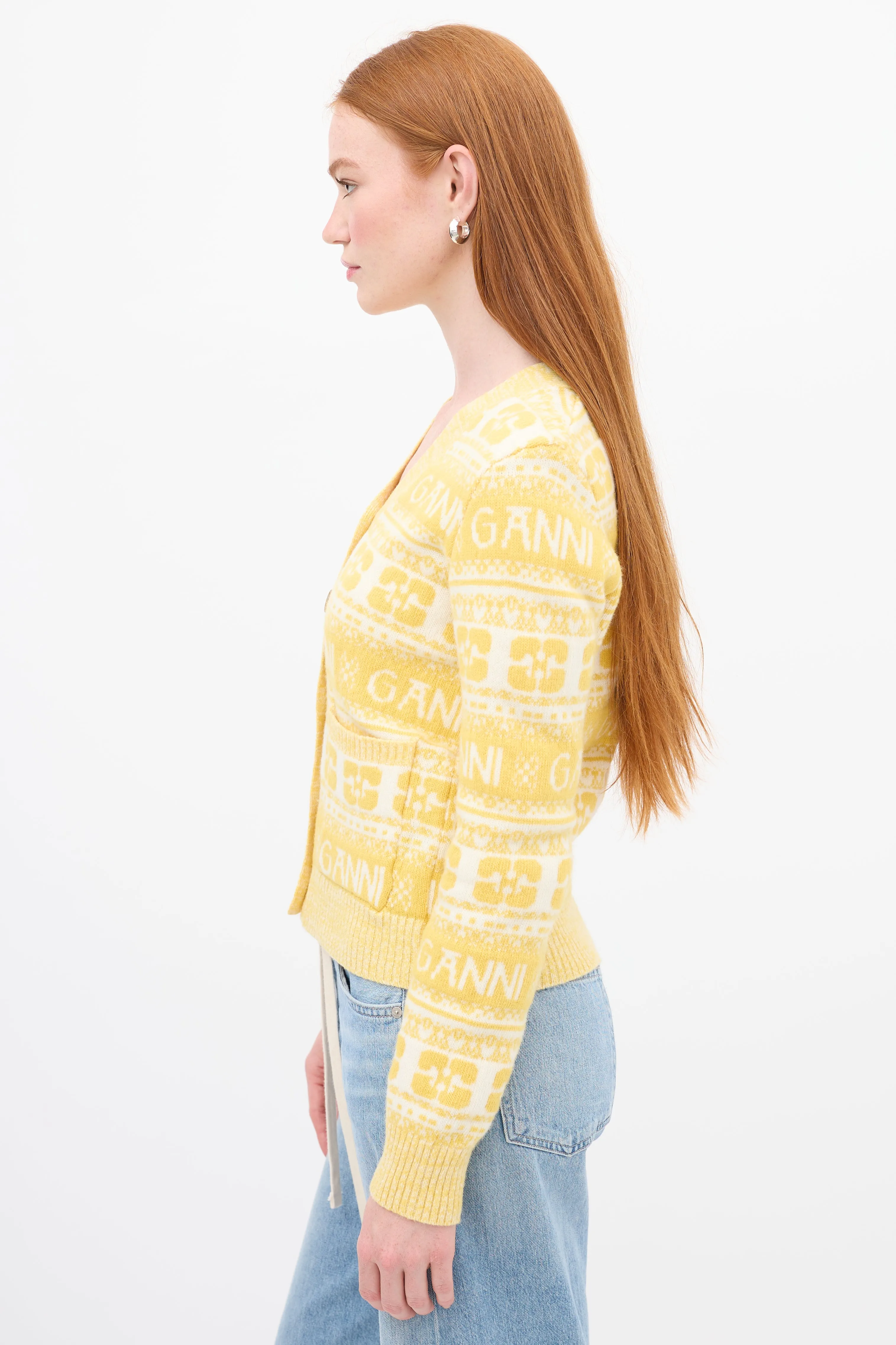 Yellow & White Wool Logo Intarsia Cardigan