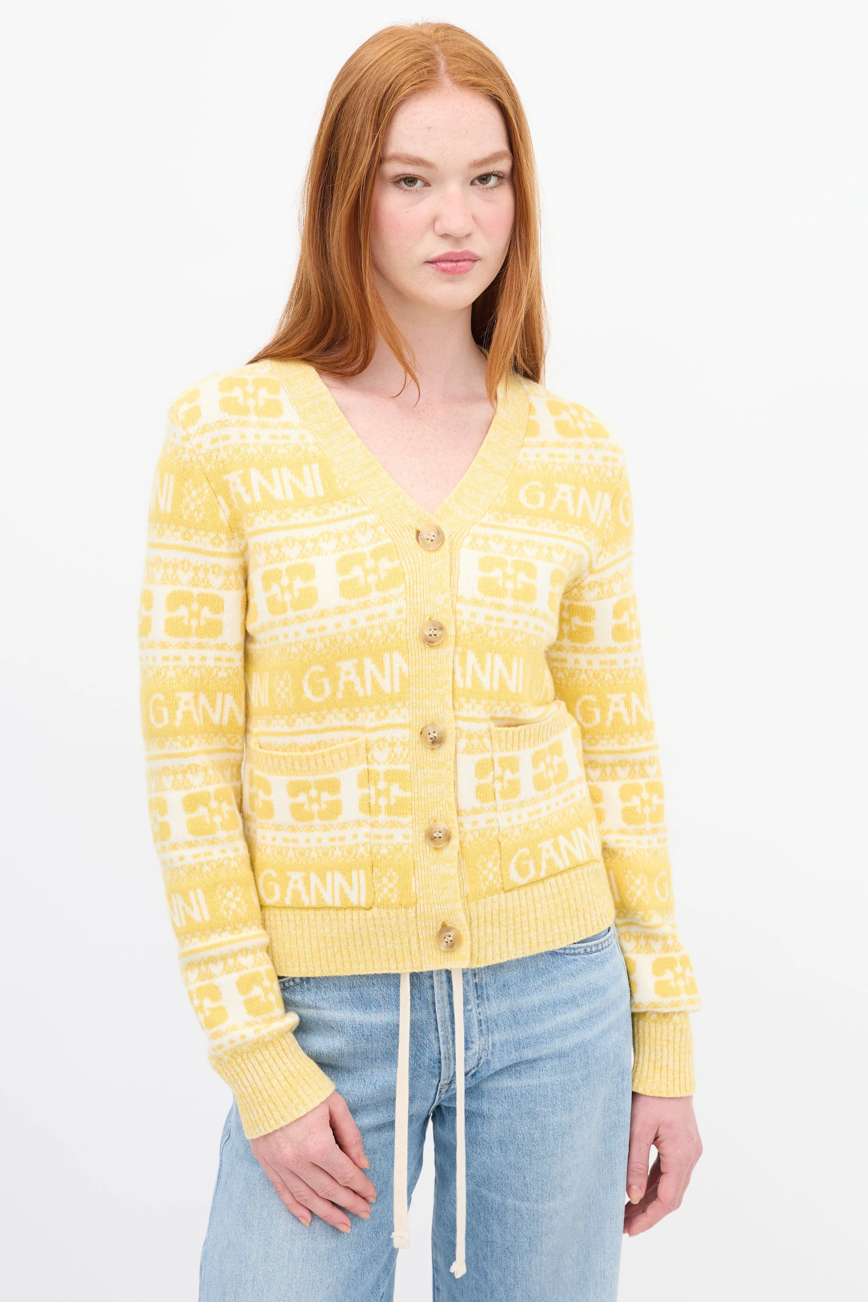 Yellow & White Wool Logo Intarsia Cardigan