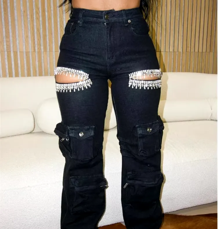 Young Women Straight Leg Jeans - Young Women Autumn Tassel Diamond  Mid Waist Straight Leg Jeans